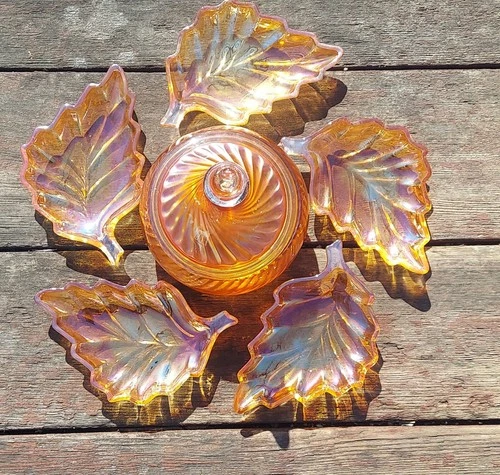 Rare Amber Depression Glass Iridescent Swirl Dish w/Lid & 5 Maple Leafs
