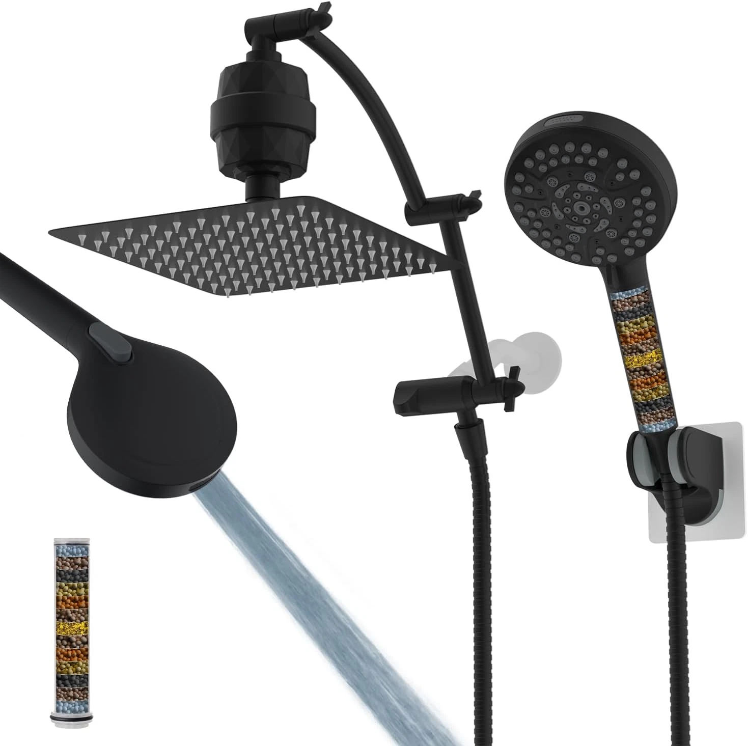 All Metal 10'' Dual Filtered Rainfall Shower Head Combo, High Pressure Handheld
