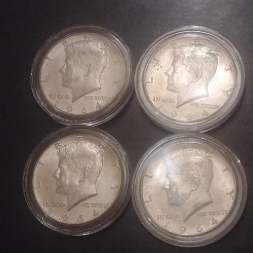 1964 Kennedy Half Dollar Silver Coins Lot of 4, 50C, 0.9 Fine Silver