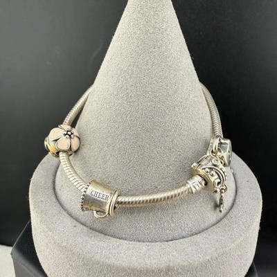 Vintage Pandora Charm Bracelet Silver Tone Love Flower 7 