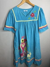 Go Softly Patio Dress Womens Small Parrot Embroidered Boho Floral Pocket