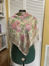 Beautiful Silk Cream Scarf Vintage Rose Print Metallic Striped Wrap Sq 35  x 36  