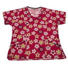 Dickies Red Floral Short Sleeve Scrubs Top W/ Pockets Women  s Size M