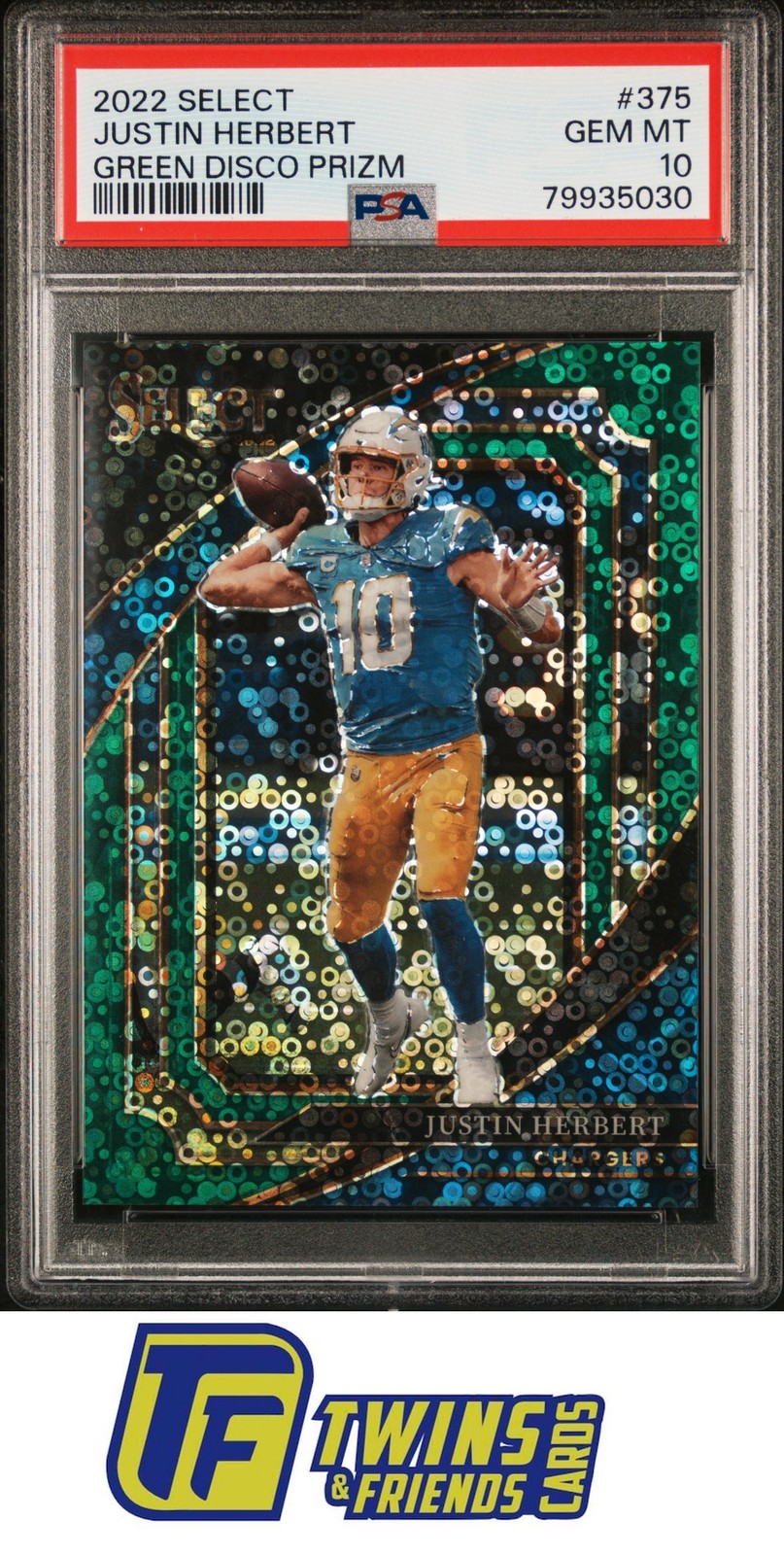 2022 Panini Select #375 Justin Herbert Green Disco Prizm /5 PSA 10