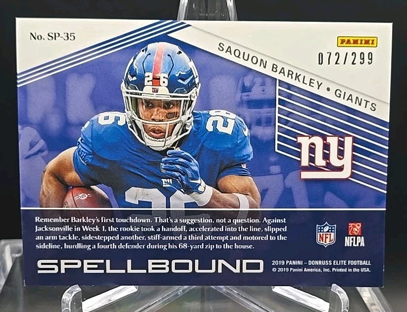 2019 Panini Donruss Elite -  "A" Spellbound Saquon Barkley #SP-35  #d 72/299 - Image 2 of 3