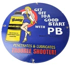 Vintage Lubricant Sign - Pin Up Trouble Shooter Porcelain Gas Service Sign