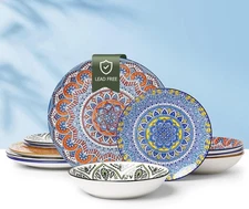ALOFMO Ceramic Dinnerware 12 Pieces Dinner Set,Plates Pasta Cereal Bowls Bohemia