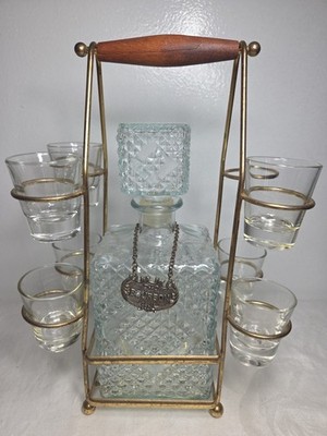 MCM Diamond Glass Bourbon Decanter With 8 Shot Glass Metal Stand Holder
