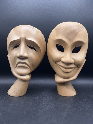 Vintage Hand Carved Wood Theater Masks Comedy Tragedy Wall Art Decor Set