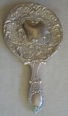 Antique Art Nouveau Hand Held Repousse Silver Plated Round Ornate Mirror