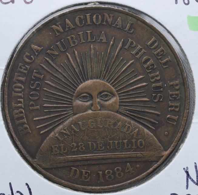 1884 Peru National Library Inauguration Medal Copper Bronze - Image 3 of 4