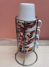 4 Coffee Mugs Stackable Cups & wire holder Geometric Design Black, Red, Yellow