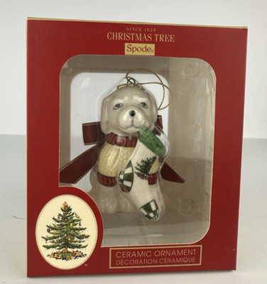 Spode Christmas Tree Puppy Ornament Ceramic White Dog Sweater Holding Stocking