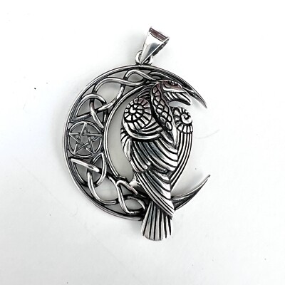 Raven Crow on Crescent Moon with Pentagram 925 Sterling Silver Bird ...