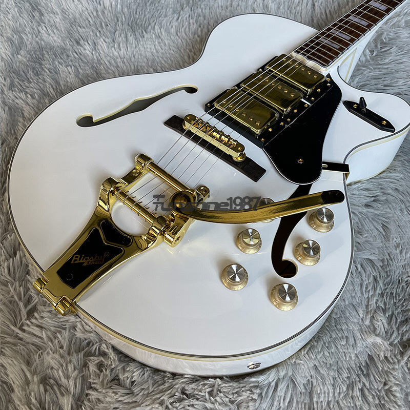 F Hole Hollow Body White Electric Guitar Jazz Bridge Gold Hardware