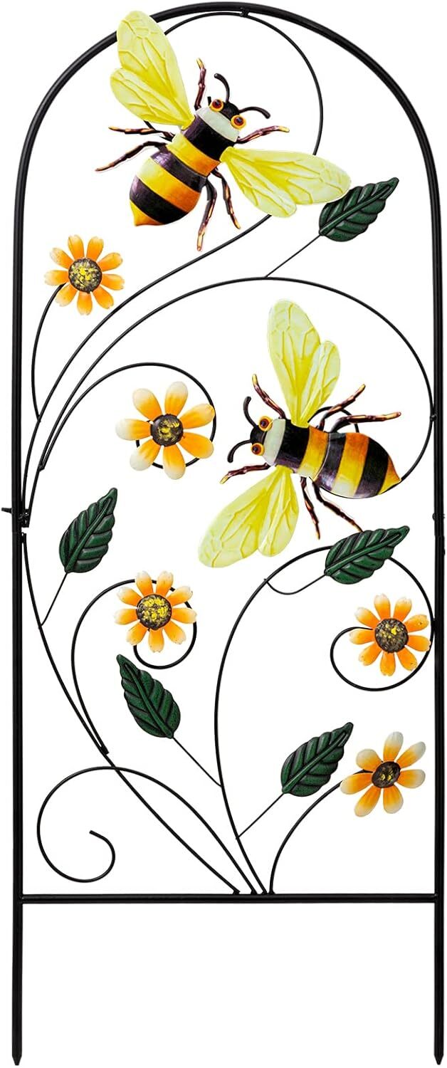 YEAHOME 34 Inch Vibrant Metal Garden Stakes with Floral Bees Decor