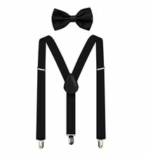 All Black Bow Tie & Suspender Set Tuxedo Wedding Suit Formal Men's Accessories 