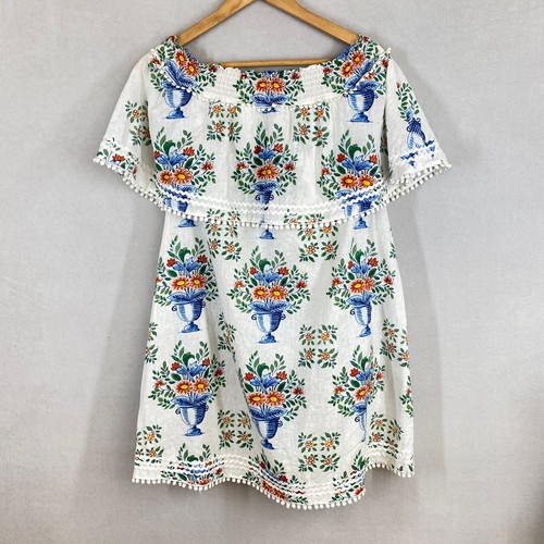 Binny dress 14 linen cotton white floral vase wide collar rick rack pom pom - Picture 11 of 17