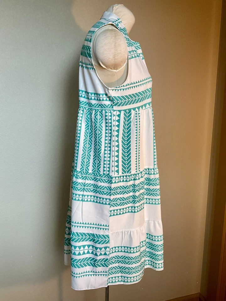 Traje de baño geométrico para mujer Vestido boho de encubrimiento Vaquera sin mangas Cuello en V Turquesa L Foto 4 de 4