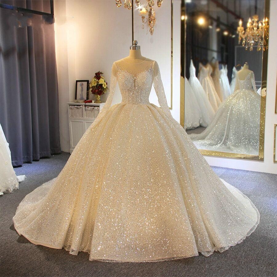 Elegant Sparkling Ball Wedding Dresses O Neck Long Sleeves Lace