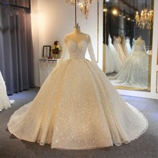 Elegant Sparkling Ball Wedding Dresses O Neck Long Sleeves Lace Bridal Gowns