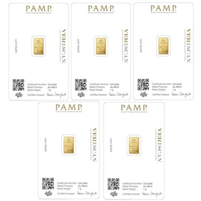 Lot of 5 - 1 gram Gold Bar PAMP Suisse Fortuna .9999 Fine Gold