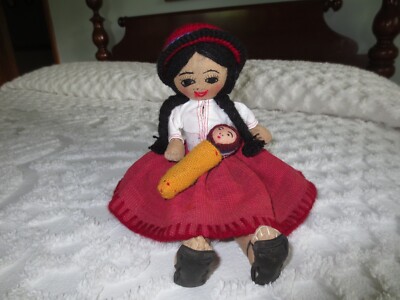 Vintage SEATED Cloth ETHNIC DOLL with BABY - 7'' high 8'' wide