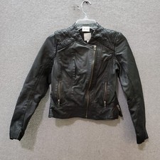 Halogen Women Jacket Xs Black 100% Leather Shell Biker Cropped Pockets Full Zip