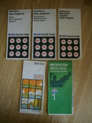 Vintage Öl Gas - Mobil, Getty, American - Travel Road Maps - Lot of 5 1960s/70s