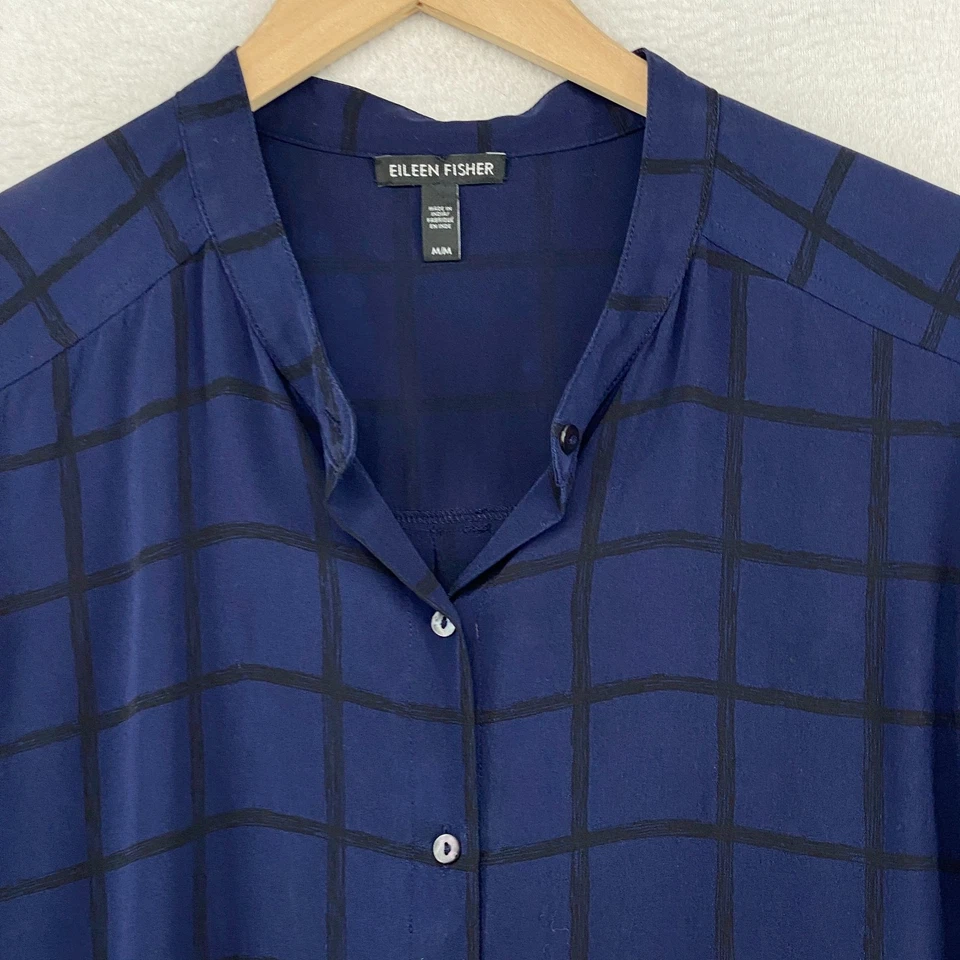 EILEEN FISHER Dress M Windowpane Silk Georgette Crepe Mandarin Shirtdress Blue - Image 4 of 4