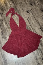 Windsor Deep Red Sparkle Romper Halter Dress W/Plunge Neckline & Open Back