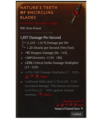 Diablo 4 S14 Nature's Teeth Of Encircling Blades 0GA Legndary Dagger Equipment