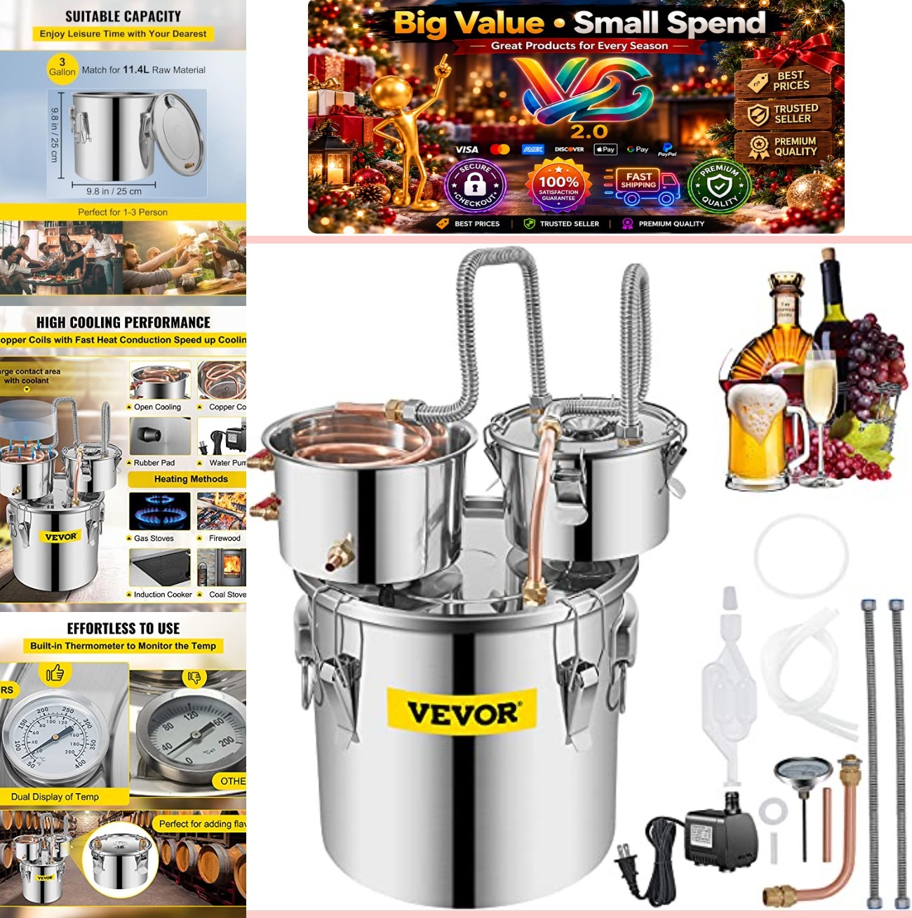 3 Gal Alcohol Still Distiller Kit with Thumper Keg Stainless Steel Moonshine