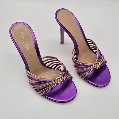 Gianvito Rossi Sandals Womens Silk 115 High Heel Purple Gold Metallic Strappy 6
