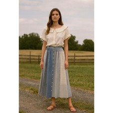 Vintage Ralph Lauren Blue Check 100 Cotton Button Up Midi Skirt Women's Size 8