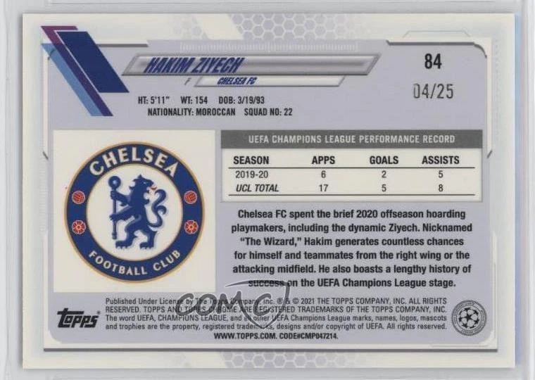 2020-21 Topps Chrome UCL Sapphire Edition Purple Refractor /25 Hakim Ziyech #84 - Image 2 of 2