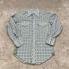 VINTAGE TG&Y Supreme Shirt Mens Small Blue Yellow Plaid Western Pearl Snap 70s