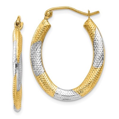 14K Gelbgold & Weiß Rhodium Strukturiert Hohl Oval Creolen 0,99gm