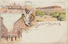 AK Halle Saale, 4 Bild-Litho u.a. Steinstrasse und Kaiserdenkmal ca. 1900