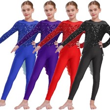 Kids Girls Bodysuit Practice Jumpsuit Length Leotard Performance Round Neck