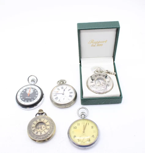 F x 5 Vintage Manual Wind Gents Pocket Watch Working Inc Boxed Rapport, Doxa Etc