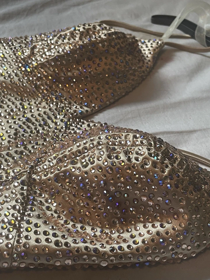 Vestido formal dorado para mujer, estrás - adornado, dorado satinado - talla 2 USADO UNA VEZ Foto 4 de 4