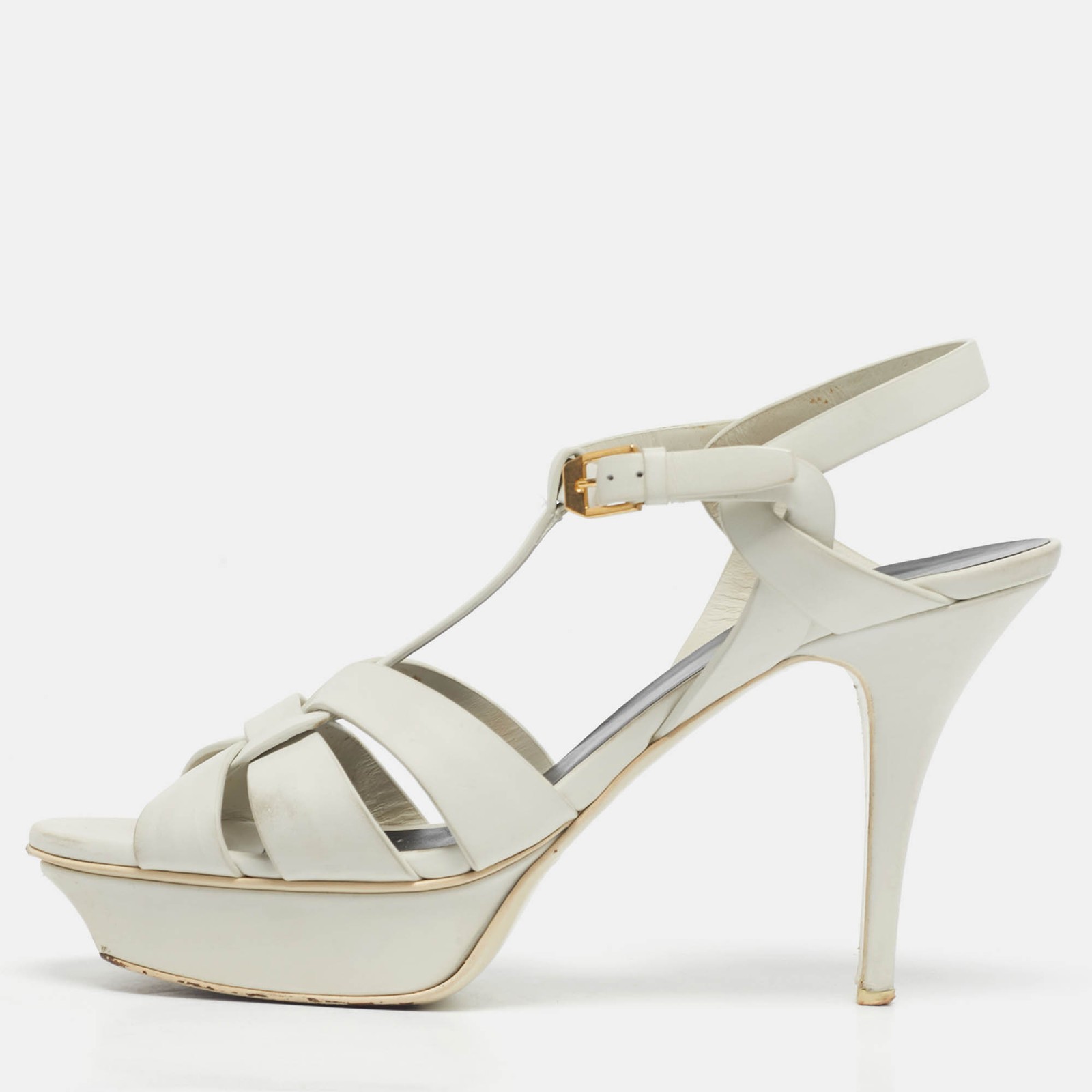 Saint Laurent Paris White Leather Tribute Platform Sandals Size 41