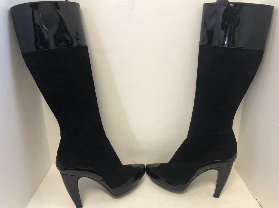 BALENCIAGA Black Suede/Patent Leather Knee High Platform Boots, sz 39.5/US 9.5 - Image 4 of 4