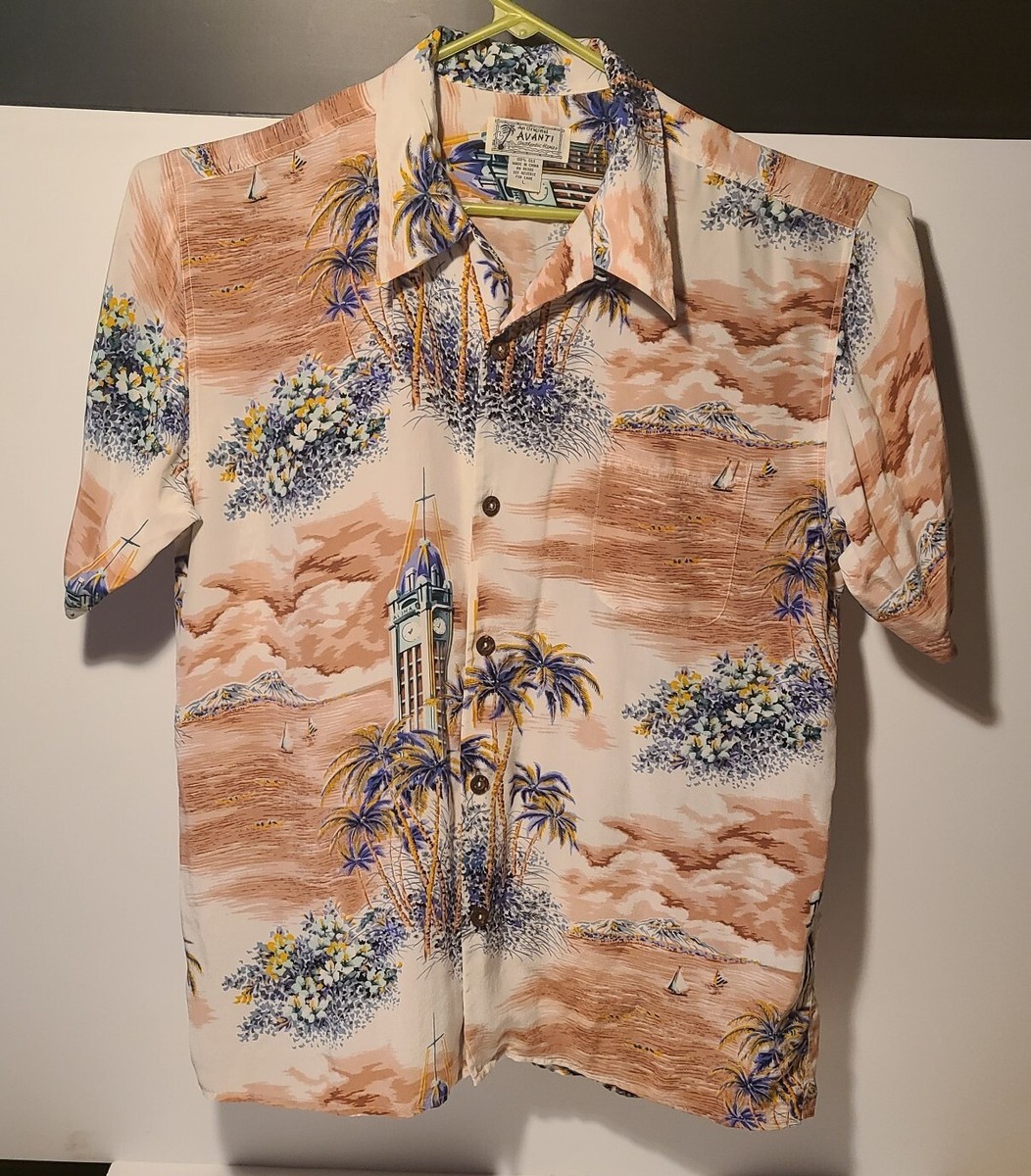 Vtg Avanti Silk Hawaiian Shirt Aloha Clock Tower Men's Lrg