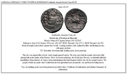 LARISSA en TESALIA 350BC NINFA Y JINETE Auténtica Moneda Griega Antigua i49150 - Imagen 3 de 3