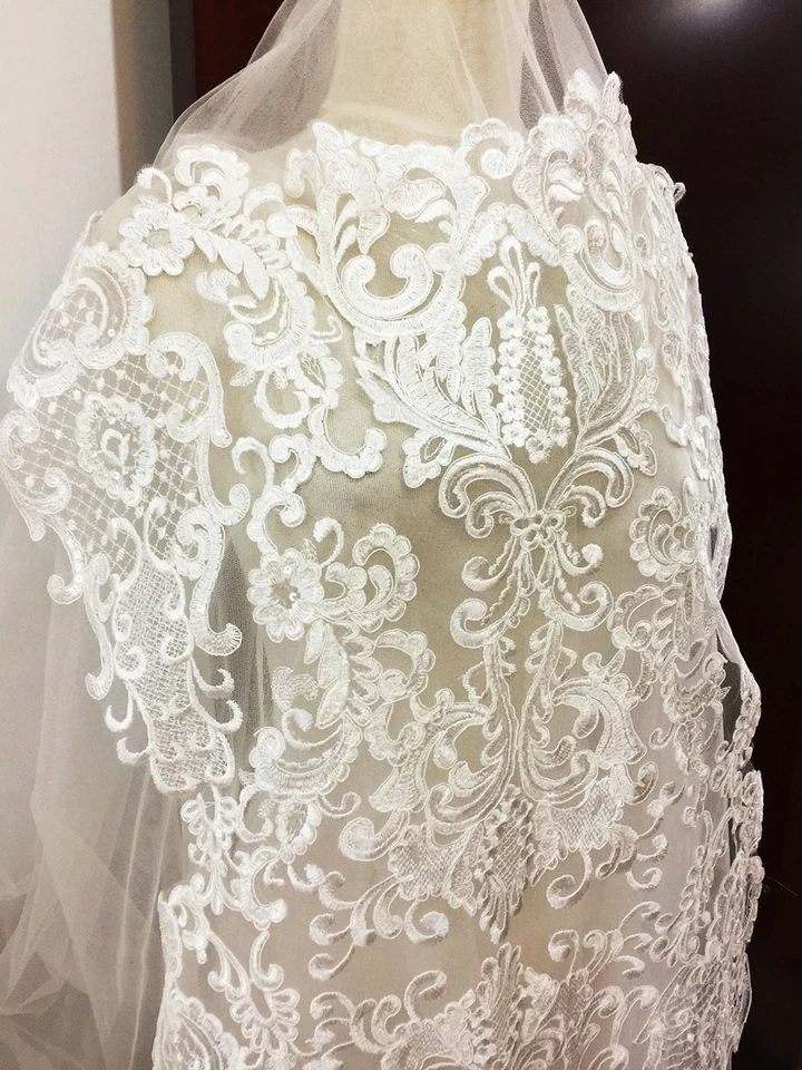 Encaje Floral Aplique Blanco Crudo Boda Vestido Ribete Bordado Traje Motivo 1PC - Imagen 2 de 4