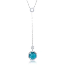Lori 10.9ct Aqua CZ Halo Rhodium Classic Drop Lariat Necklace 18"+2" Length