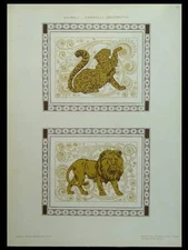 ANIMALS, LION AND PANTHER - 1910 GOLD INK LITHOGRAPH - ART NOUVEAU