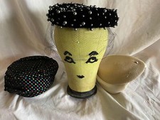VTG 40S WOMEN RAINBOW BERET PILLBOX NETTING SKULL CAP CHURCH DERBY LOT OF 3 HATS